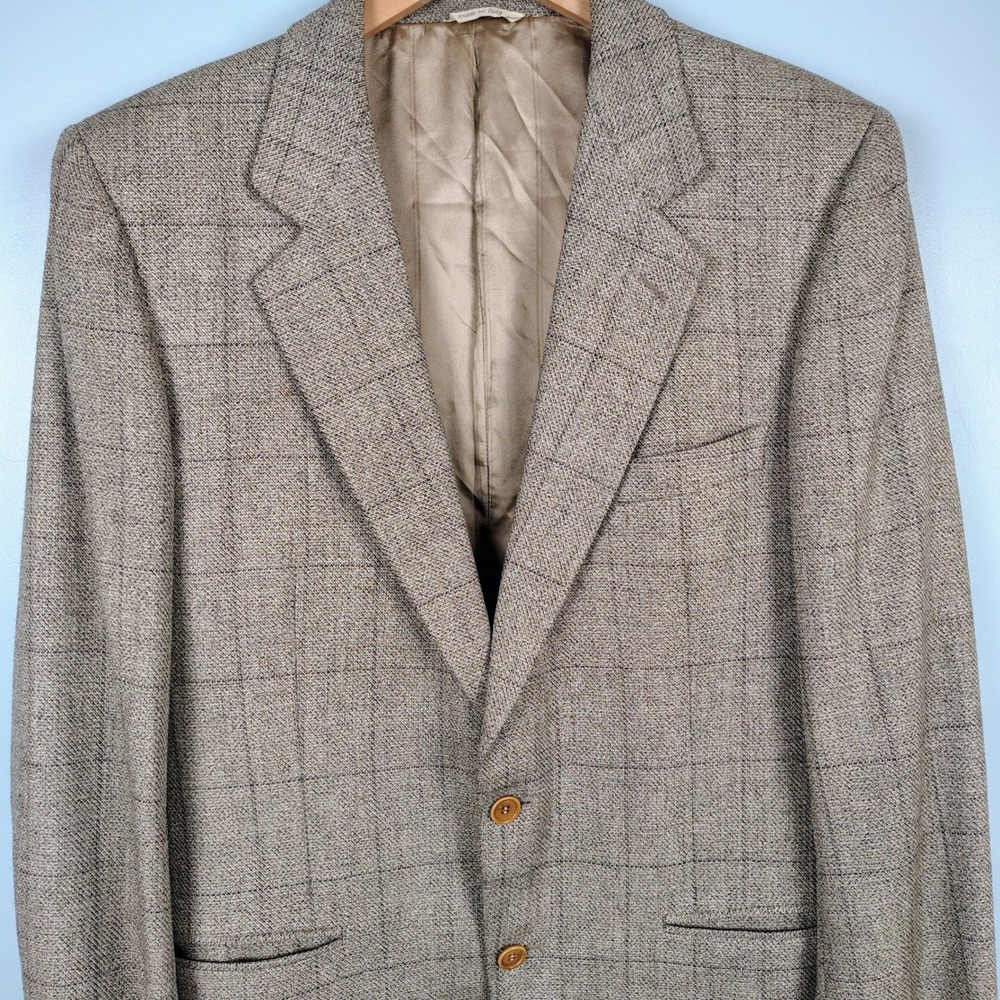 Capella Mens SZ 40 Blazer Tan Brown Glen Plaid Wool Silk Made in Italy Old Money